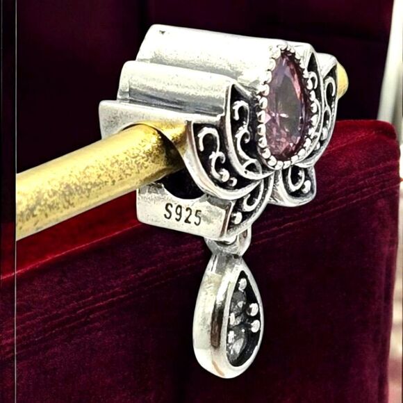 Lotus Flower Charm S925 Sterling Silver Purple Dangle Bracelet Bohemian Tribal - Picture 3 of 5